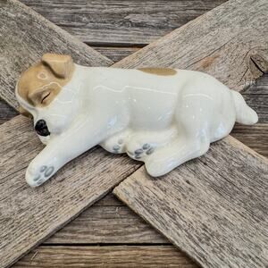Vintage WR Midwinter Burslem Sleeping White Brown Spot Puppy Dog Figurine-6.5"W
